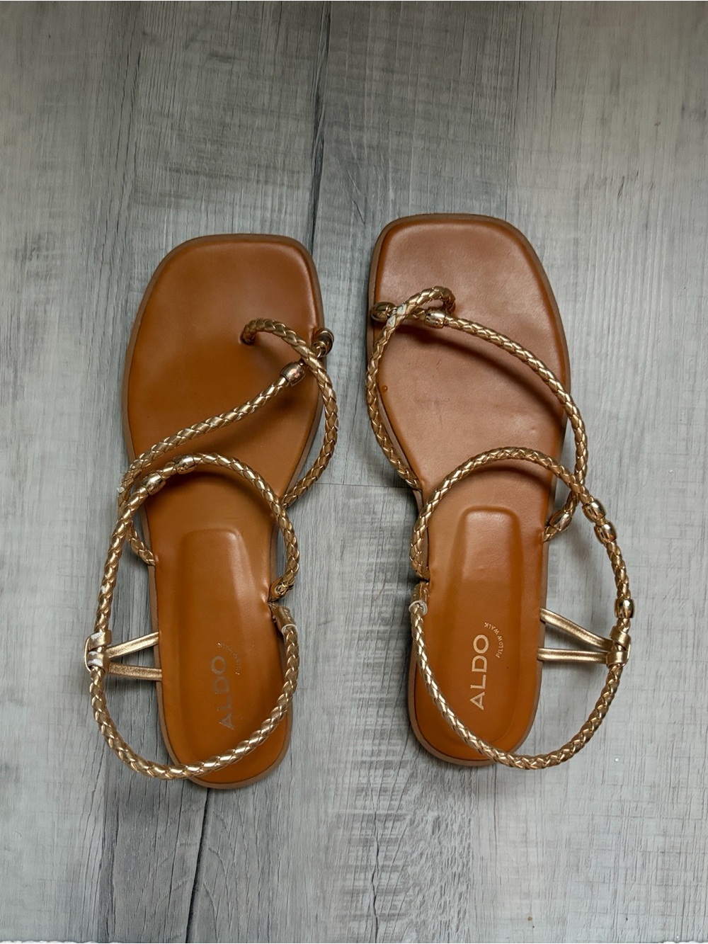 ALDO Braided Metallic Gold Strap Sandals with Tan Footbed - Picture 1 of 3